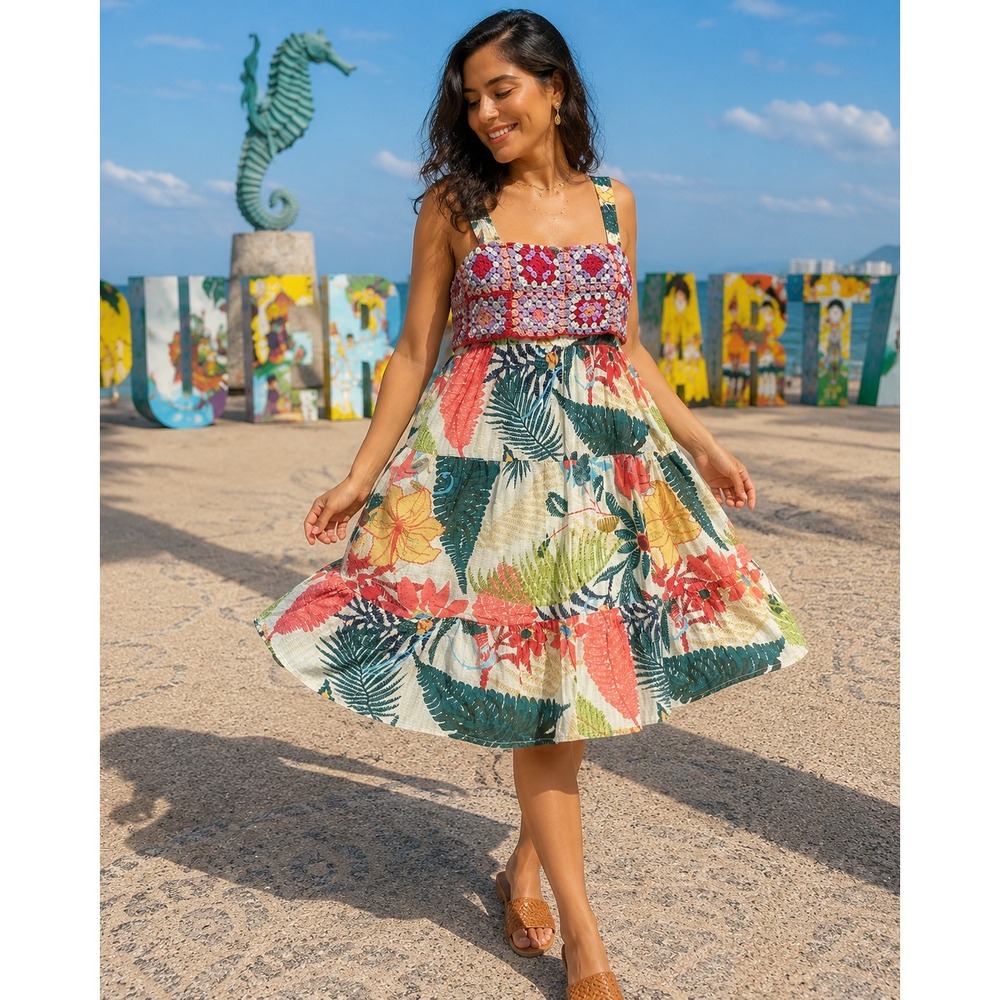 Farm Rio Anthropologie Crochet Granny Square Tropical Mini Dress